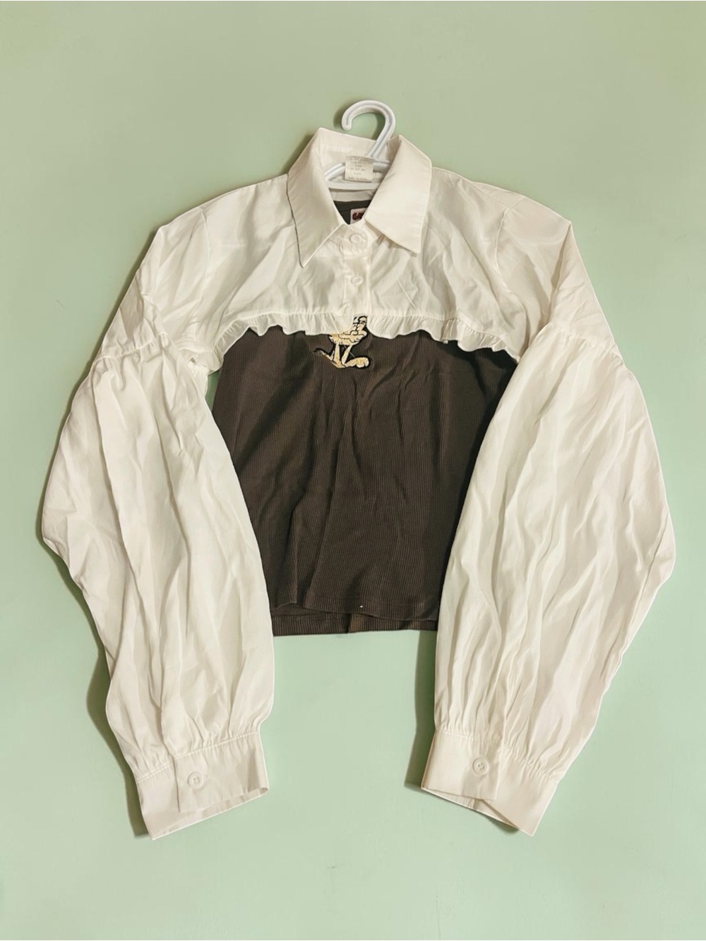 White Super Crop Collared Shrug Bolero Top Ruffle Hem Medium